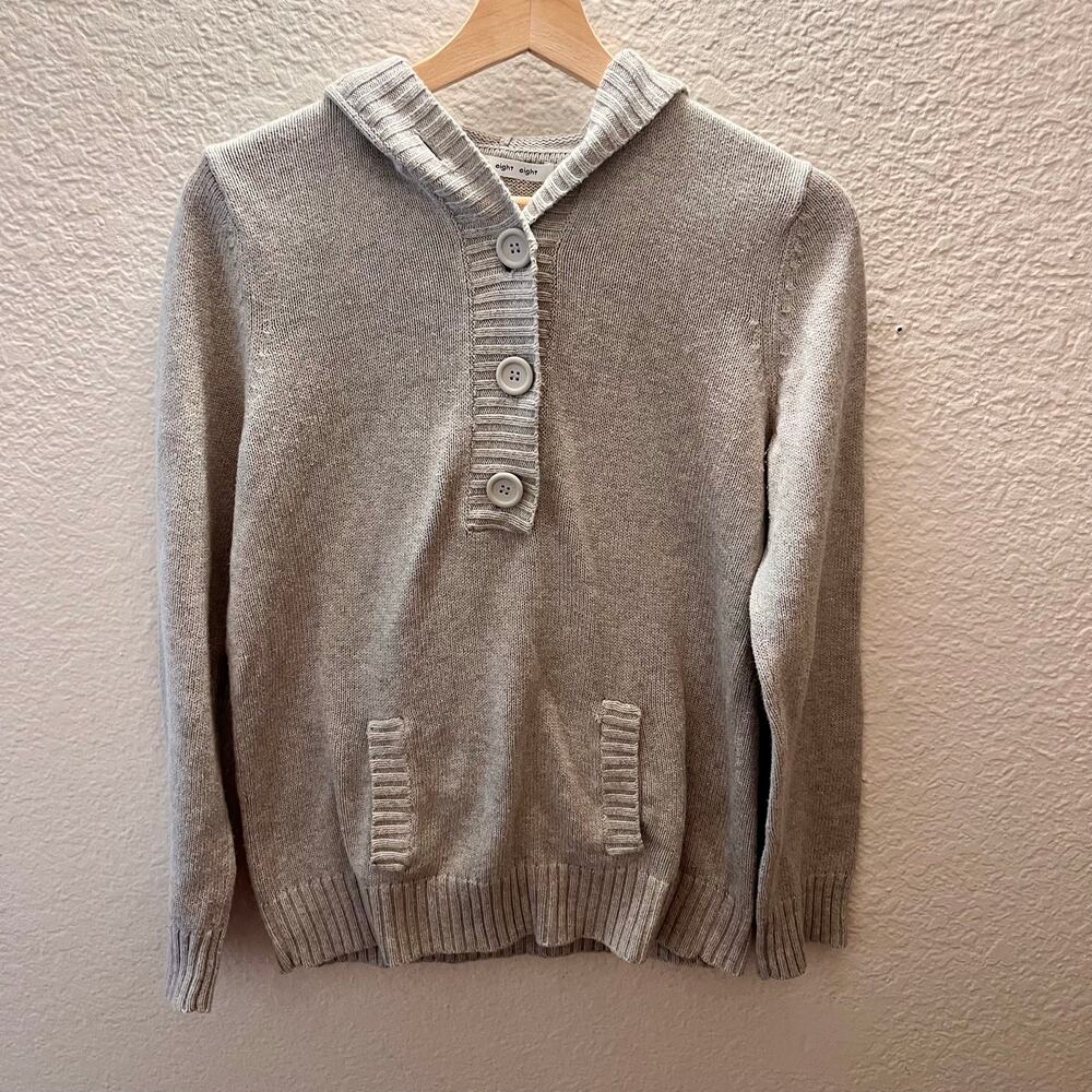 Gray Knit Hoodie 100% Cotton Sweater Medium Beige Henley Cozy Minimal Heavy - Picture 3 of 9
